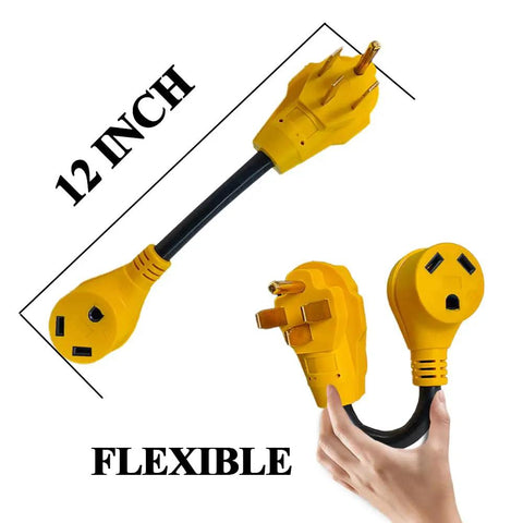 RV Power Adapter 50 Amp Male To 30 Amp Female Cable 12 Inch 10 3 STW NEMA 14 50P To TT 30R held and shown in flexible yellow design
