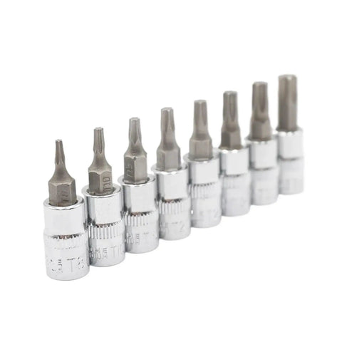 Ultimate 8-Piece 1/4 Inch Hex Torx Screwdriver Bit Set Featuring Heavy Duty T8 Through T40 Bits With Rugged Design For Maximum Grip And High Torque Power To Crush Rusty Bolts And Tighten Screws Like A Boss Without Bending Or Breaking.