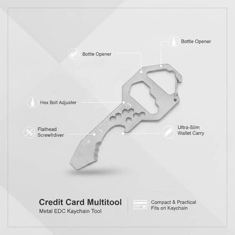 Diagram of a Metal Card Multitool with Bottle Opener, Flathead Screwdriver, and Hex Adjuster for Wallet or Keychain Everyday Carry