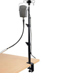 Heavy Duty Flex Shaft Rotary Tool Hanger Stand with Table Clamp, mounted on table, adjustable height, holds rotary motor securely.