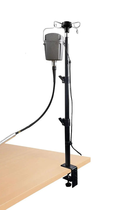 Heavy Duty Flex Shaft Rotary Tool Hanger Stand with Table Clamp, mounted on table, adjustable height, holds rotary motor securely.