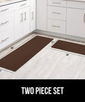 2 Pack Cushioned Kitchen Floor Mats For Comfortable Standing 17x24 And 17x48 Waterproof And Stain Resistant One Half Inch Thick Soft Ergonomic Anti Fatigue Mat With Foam Support For Feet Brown placed in a kitchen setting