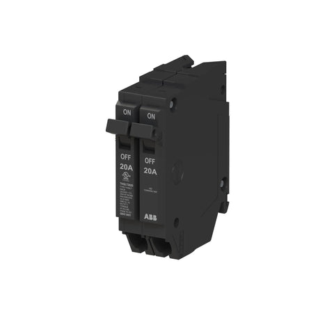Q-Line THQLT2020 Tandem Circuit Breaker 20A 1P Pair for 120 to 240V Loads, 10 kAIC, Thermal Magnetic Plug On Breaker for Load Centers and Residential Panels, Built Tough With Easy Install and Reliable Overcurrent Protection. Black twin 20A tandem breaker with ON/OFF toggles