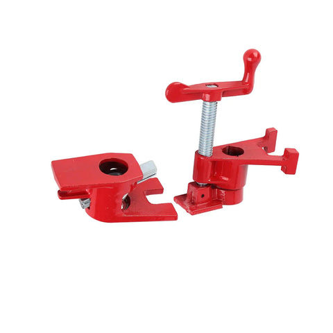 Front view of a Two red adjustable hand cranked Three Quarter Inch Pipe Clamp for woodworking, galvanized steel, heavy duty