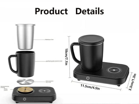 No Fuss Temperature Control Coffee Mug With 15W Wireless Charging Pad Heats To 130 Degrees Cools To 40 Degrees Killer Daily Driver Desk Essential For Smooth Coffee Sips Black product details showing sizes and materials.