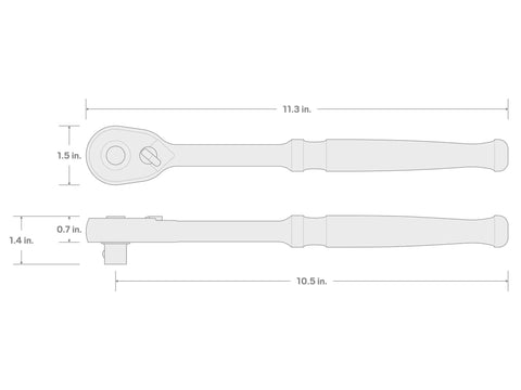 Half Inch Drive Quick Release Ratchet With Ten And A Half Inch Length Ninety Tooth Gear Ultra Compact Head dimensions illustration