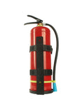 Badass Heavy Duty Fire Extinguisher Mount Wall Bracket With Quick Release Snap And Adjustable Nylon Straps For Home Car Rv Truck Dead Simple Safety Storage, red extinguisher secured with black straps.