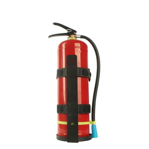 Badass Heavy Duty Fire Extinguisher Mount Wall Bracket With Quick Release Snap And Adjustable Nylon Straps For Home Car Rv Truck Dead Simple Safety Storage, red extinguisher secured with black straps.