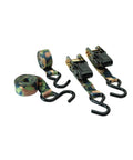 Lock Down Your Gear Tough As Nails Camouflage Ratchet Tie Down Straps One Inch By Eight Feet 1500 Lb with S Hooks in four pack.
