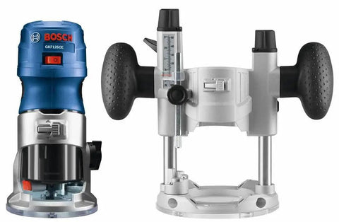 Palm Router Plunge Base For GKF125CE With Ultra Smooth Plunge Action And Micro Fine Adjustment displayed with router