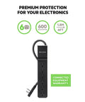 Power Strip Surge Protector With Six Outlets And Flat Rotating Plug Six Foot Heavy Duty Extension Cord For Home Office Travel 600 Joules Surge Protection 3 Pack with premium protection, 600 Joules rating, and 6-foot cord shown.