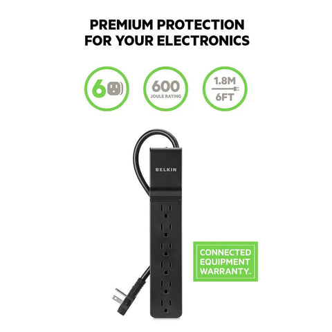 Power Strip Surge Protector With Six Outlets And Flat Rotating Plug Six Foot Heavy Duty Extension Cord For Home Office Travel 600 Joules Surge Protection 3 Pack with premium protection, 600 Joules rating, and 6-foot cord shown.