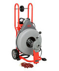 Professional Heavy Duty Automatic Drain Cleaner That Handles Rough Plumbing Like A Champ Features Reliable Auto Feed And Five Eighths Inch Pigtail Cable Made In Usa on wheeled stand with 125 ft drum.