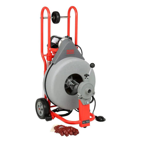 Professional Heavy Duty Automatic Drain Cleaner That Handles Rough Plumbing Like A Champ Features Reliable Auto Feed And Five Eighths Inch Pigtail Cable Made In Usa on wheeled stand with 125 ft drum.