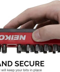 Person holding Magnetic Hex Bit Holder Rack With 37 Bit Holes, 1/4 Inch Hex And Drive Bit Adapter Storage, red color.