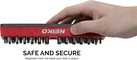 Person holding Magnetic Hex Bit Holder Rack With 37 Bit Holes, 1/4 Inch Hex And Drive Bit Adapter Storage, red color.