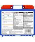 Back view of Be Smart Get Prepared 110-pc First Aid Kit in blue plastic case with red latches