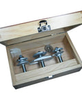 Hardcore Heavy Duty 3 Piece Cabinetmakers Ogee Router Bit Set With Killer Carbide Cutting Edges And Sturdy Backcutter Built For Handheld Table Wood Router Jobs in wooden case.
