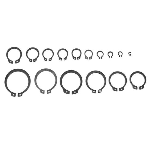 Heavy Duty 150 Pcs Black C Clip Retaining Ring Set 3mm to 32mm Internal and External in various sizes on display