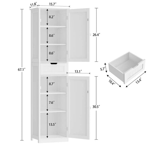 67 Inch Tall Bathroom Cabinet With Two Doors And One Drawer, Slim 15.7 Inch Wide, 11.8 Inch Deep, Adjustable Shelves, White Finish