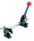 Heavy Duty Manual Strapping Tool That Makes Warehouse Packing No Sweat With Slick Ergonomic Handles And Reliable Belt Tensioning For Quick Box Securing Work, green steel frame with red handle.