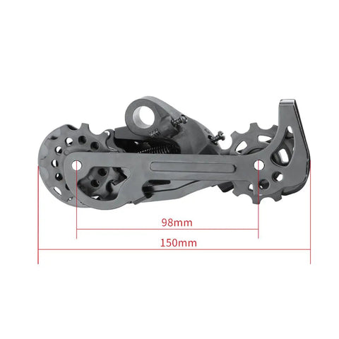 Aluminum Alloy Rear Derailleur For 7 8 9 Speed Bikes Smooth Shifting On MTB Rides shown with dimensions 98mm x 150mm