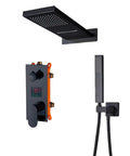 RIBEUJIZS Digital Shower System, Black Luxury Shower Mixer Kit with wall-mounted rain showerhead and handshower.