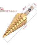 Step Drill Bit Set 4 To 22mm HSS Titanium Coated With Quick Change Cone And 1 Quarter Inch Hex Shank side view with size markings