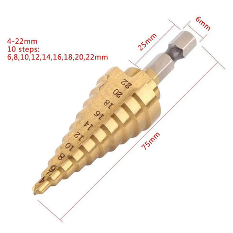 Step Drill Bit Set 4 To 22mm HSS Titanium Coated With Quick Change Cone And 1 Quarter Inch Hex Shank side view with size markings