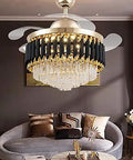 Experience The Refresh This Modern Invisible Ceiling Fan Lamp Brings with Whisper Quiet Operation Smooth Led Glows and Variable Speed Control Making It Perfect for Any Living Room Dining Room or Bedroom Setup where You Want Pure Chill Vibes. Black and gold ceiling fan lamp with crystal accents.