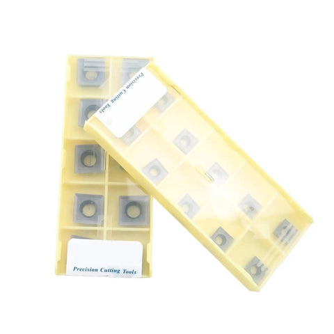 Premium Carbide Turning Inserts For Hard Steel Parts 10 Pack in yellow storage case for lathe cutter machining jobs.