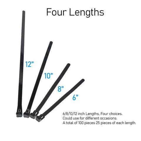 Heavy Duty Reusable Cable Zip Ties Set For Everyday Quick Fixes Assorted 6 Inch 8 Inch 10 Inch 12 Inch Lengths