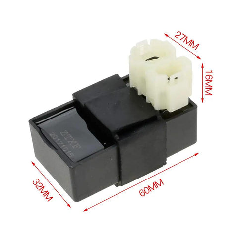 6 Pin AC CDI Box for GY6 engines, 49cc to 150cc scooters, ATVs, measuring 60mm by 32mm, side view with dimensions marked in red.