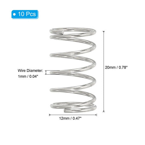 Compression Springs Set, 10 Pack Of 304 Stainless Steel Small Extension Springs, 1mm Wire Diameter, 12mm Outer Diameter, 20mm Length