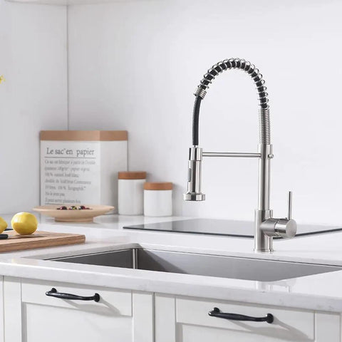 Heavy Duty Kitchen Faucet With Pull Down Sprayer Built To Last Single Handle 1 Hole Or 3 Hole Mount Brushed Nickel Finish over sink