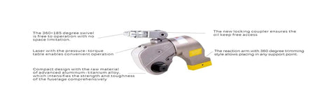 Heavy Duty Hydraulic Torque Wrench Two And A Half Inch Square Drive Adjustable Range Aluminum Alloy Body For Jumbo Bolts showing swivel and reaction arm features.