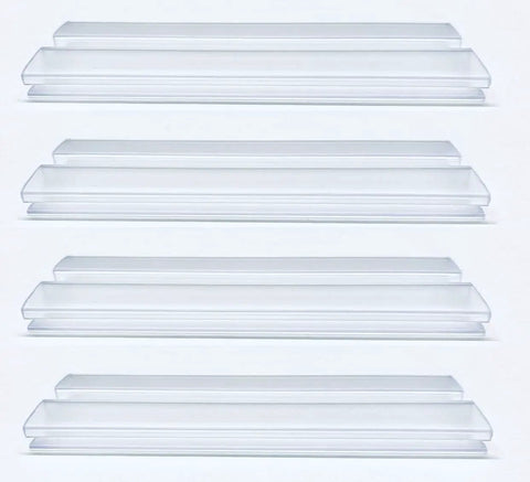 Clear PVC Piano Hinge Fits 3/16 Inch Plexiglass And Acrylic Panels No Fuss With Screws Or Glue Solid Friction Fit Aquarium Lid Clasp Golf Cart Windshield Easy Snap 4 Pack stacked in four sections.