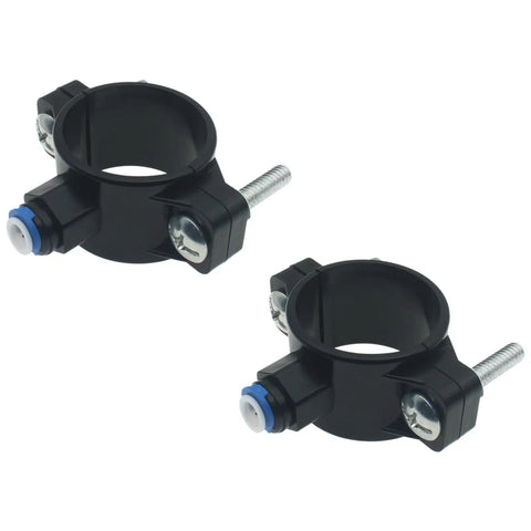 Two black Drain Saddle Valve Clamp One Quarter Inch Quick Connect Fitting For Under Sink Water Filters And RO Systems, durable design.