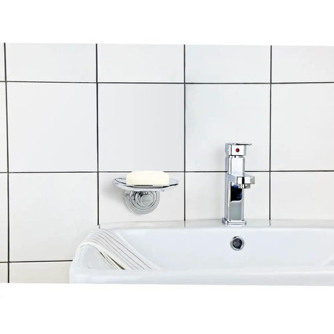 Powerful Suction Cup Soap Dish for Shower and Kitchen No Drill Mount Holds Up to 7.5 Pounds next to chrome faucet