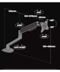 Technical drawing of Fully Adjustable Single Monitor Mount For Desk Featuring Mechanical Spring Arm With Super Smooth Tilt.