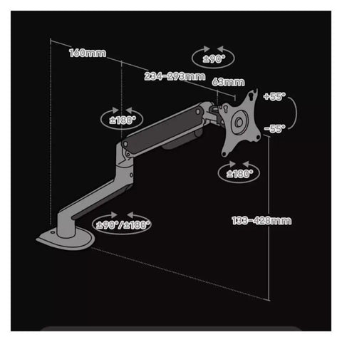 Technical drawing of Fully Adjustable Single Monitor Mount For Desk Featuring Mechanical Spring Arm With Super Smooth Tilt.