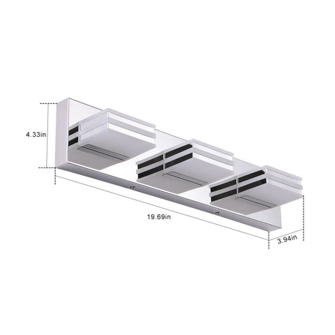 20 Inch LED Vanity Light Bar for Bathroom Over Mirror, 3 Light Chrome Fixture, 18W, 6000K Daylight LED Lighting, side angle view