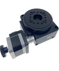 Close-up of Electric Rotary Stage With Worm Gear Drive And Outer Ring Scale Pro Grade High Precision 180 To 1 Rotary Table for Automation.