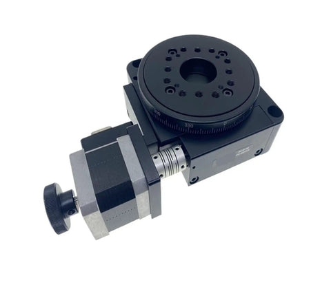 Close-up of Electric Rotary Stage With Worm Gear Drive And Outer Ring Scale Pro Grade High Precision 180 To 1 Rotary Table for Automation.