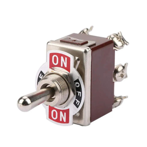 No Frills 3 Position On Off On Momentary Toggle Switch With 6 Pin Leads And 12mm Body. Durable switch for garage projects.