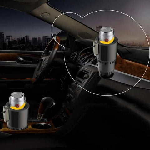 Portable Electric Beverage Warmer And Cooler Quiet Office Desk Cup Heater Chiller in a car console, holding a can, sleek design.