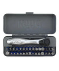 Killer Quality 32 Piece Impact Bit Set With Compact Mini Ratchet And Dependable Magnetic Driver For Quick On Site Repairs Covering Torx Phillips Hex Bits in gray case.