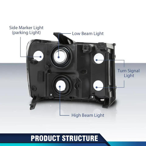Diagram of Headlights Assembly For 2007-2013 GMC Sierra 1500 And 2007-2014 GMC Sierra 2500HD 3500HD Halogen with labeled parts