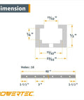 Dimensions diagram for Heavy Duty Aluminum T Track 48 Inch for Woodworking, showing measurements and predrilled holes.