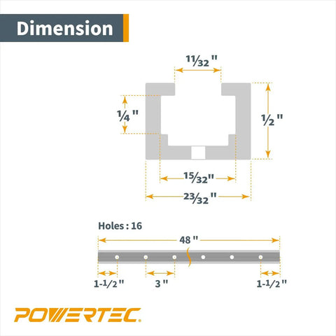 Dimensions diagram for Heavy Duty Aluminum T Track 48 Inch for Woodworking, showing measurements and predrilled holes.